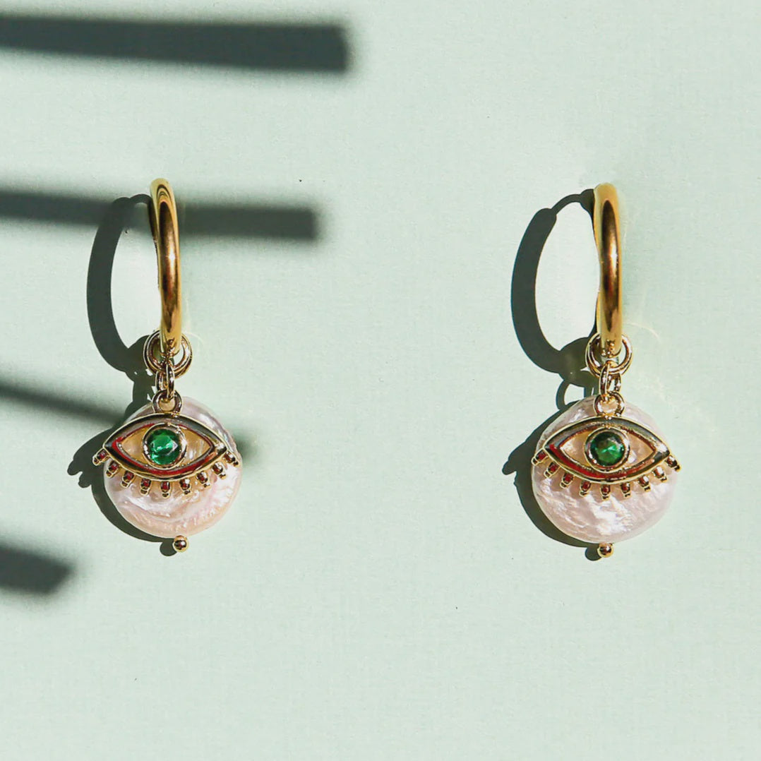 Green Eye Huggie Hoops