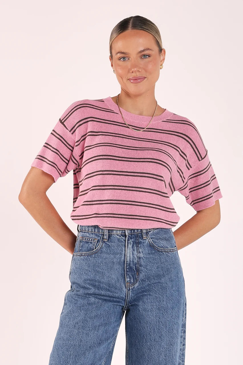 Jasper Knitted Tee Pink Olive Stripe